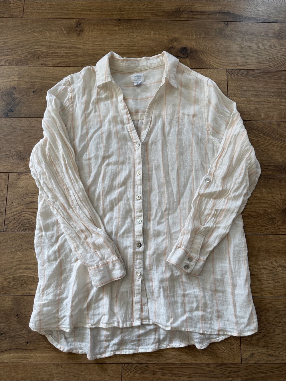 Sigrid Olsen 100% Linen Peach Striped Button Down